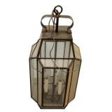 brass and glass hanging lantern-style chandelier