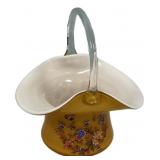 Amber Cased Art Glass Basket with Floral Motif 10"