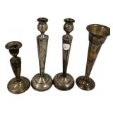 Three Weighted Sterling Candles and Vase