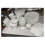 Group of Milk Glass Luncheon Plates, Compote, Cups