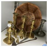 Assorted Brass Candle Holders and Bowl