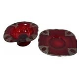 Red Glass Silver Plate Inlay Compote and Plate