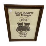 Love Bears all things Sampler 1988 18"h., 14"w