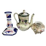 Antique Porcelain Tea Pot, Ironstone Candlestick