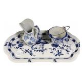 Blue and White onion motifs Platter, and Blue Crea