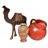 Pitcher, Satsuma Vase, and Wood Carved Camel