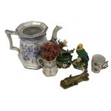 Ironstone Pitcher, Creamer, Brass, and Figurine