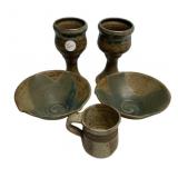Signed Stoneware Pottery Goblets, Cup, and Bowls