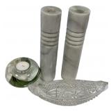 Marble Shakers, Art Glass Votive, and Boat Glass D