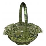 Fenton Colonial Green Thumbprint Glass Basket 7"w