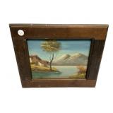 Unsigned Cottage by Lake and Mountain Painting on