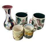 Gail Pittman Vase 6 1/2'h and Four Mugs