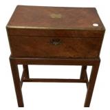 English brass-inlaid figured walnut lap desk on a