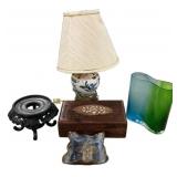 Ceramic Lamp, Art Glass Vase, Carved Box, Stand, C