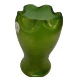 Loetz Iridescent Green Glass Vase Ruffle 7 1/2'