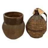 Wicker Woven Basket with jug and Jug with whicker