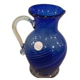 Blue Swirl Vase Art Glass Pitcher 8 1/2'