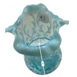 Blue Opalescent Glass Ruffled Vase
