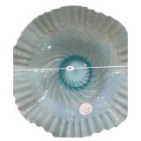Blue Opalescent Swirl Ruffled Bowl