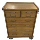 Vintage oak industrial rolling cabinet