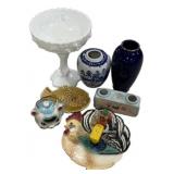 Milk Glass Compote, Vases, Rooster Plate