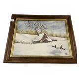 Signed Helms Folk Art Snowy Painting 15'h., 20'w