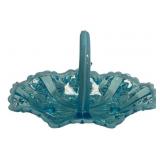 Blue Pressed Glass Handled Basket Dish