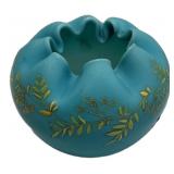 Blue Satin Glass Rose Bowl Gold Floral