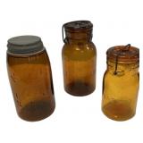 Antique Amber Glass Canning Jars Lot/3