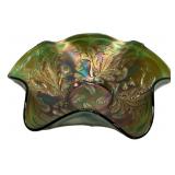 Green Carnival Glass Ruffled Bowl