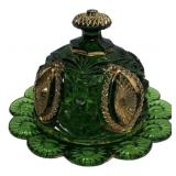 Green Pressed Glass Gold Butter Dish