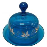 Blue Glass Domed Cheese Dish Gold Leaf