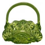 Green Pressed Glass Basket with Handle