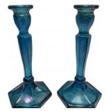 Blue Iridescent Glass Candlesticks Pair