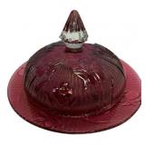 Ruby Red Pressed Glass Butter Dish