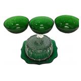 Green Glass Bowls & Covered Butter Dish