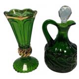 Green EAPG Vase & Cruet Set Gold Trim