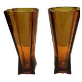 Pair Amber Glass Twisted Vases