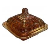 Amber Carnival Glass Covered Butter Dish