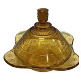 Amber Pressed Glass Covered Butter Dish