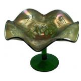 Green Carnival Glass Ruffled Compote