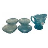 Blue Opalescent Glass Bowls & Pitcher
