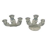 Pair Glass Triple Candelabra Holders