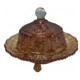 Amber Pressed Glass Covered Butter Dish