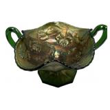 Green Carnival Glass Two-Handle Bowl