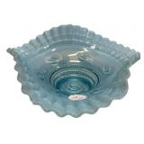 Blue Opalescent Glass Ruffled Bowl