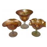 Marigold Carnival Glass Compotes Set/3