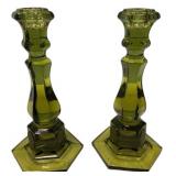 Olive Green Glass Candlestick Pair