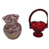 Art Glass Vase & Red Glass Basket Pair