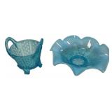 Blue Opalescent Glass Basket & Bowl